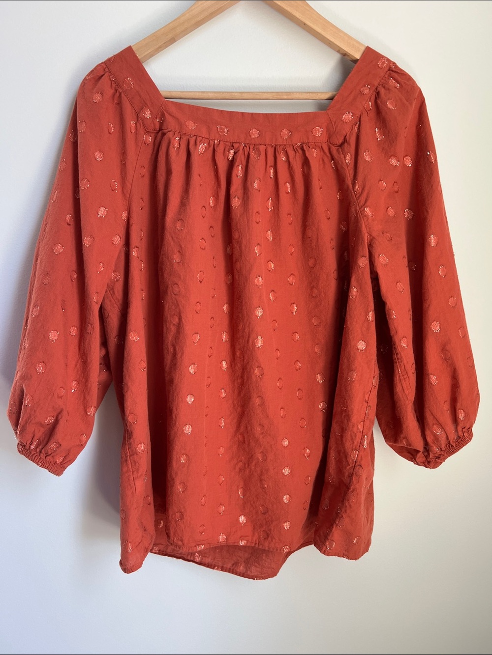 LC Lauren Conrad | Womenâs Rust Red Off-Shoulder Peasant Top Metallic Dots Sz 0X - Picture 6 of 16